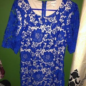 Royal blue lace dress, with beige accent.